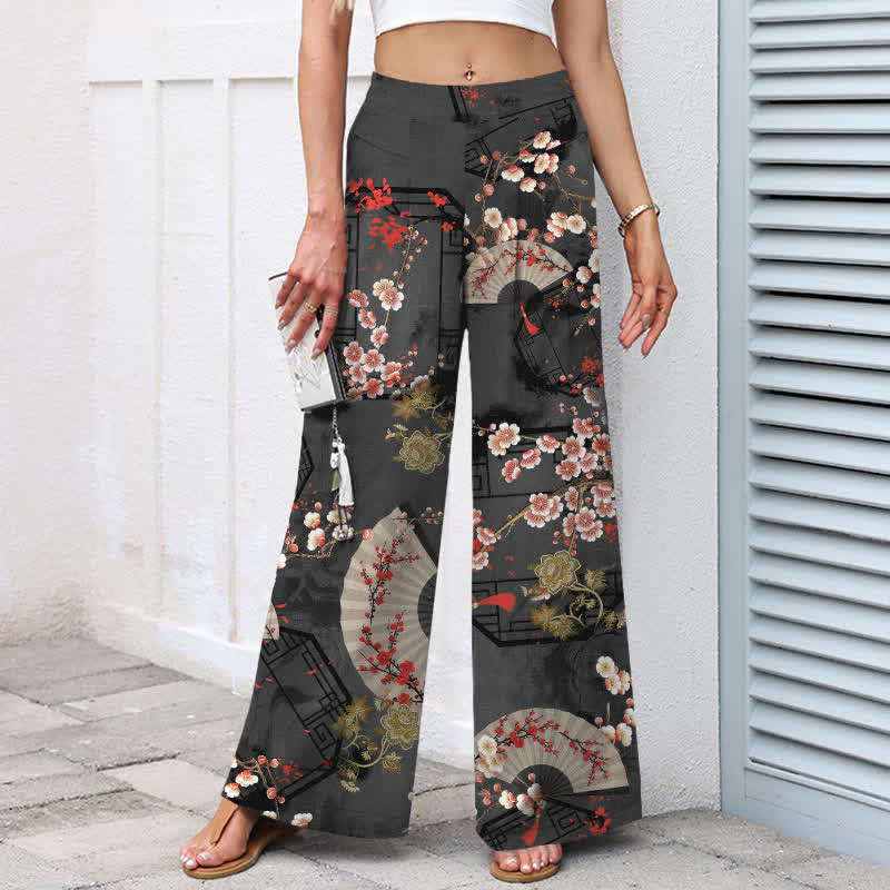 Buddha Stones Pantalones de mujer de algodón y lino con estampado floral oriental en forma de abanico, cintura elástica y pernera ancha con bolsillos. - image 8