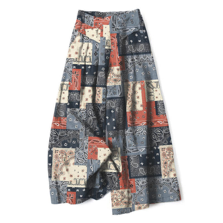 Buddha Stones Pantalones de mujer de algodón y lino con estampado paisley en patchwork, cintura elástica y pernera ancha con bolsillos. - Gris pizarra - US16，UK/AU20，EU48 (3XL) - image 0