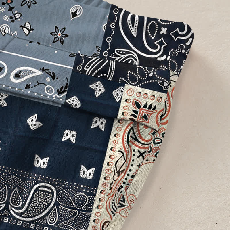 Buddha Stones Pantalones de mujer de algodón y lino con estampado paisley en patchwork, cintura elástica y pernera ancha con bolsillos. - image 3