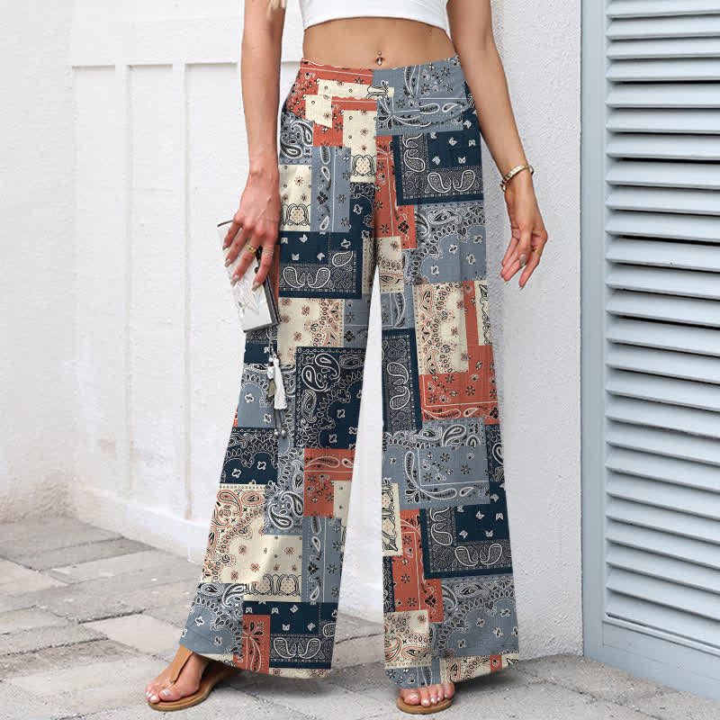Buddha Stones Pantalones de mujer de algodón y lino con estampado paisley en patchwork, cintura elástica y pernera ancha con bolsillos. - image 1