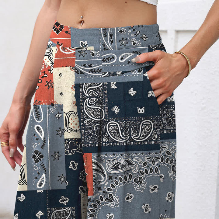 Buddha Stones Pantalones de mujer de algodón y lino con estampado paisley en patchwork, cintura elástica y pernera ancha con bolsillos. - image 2