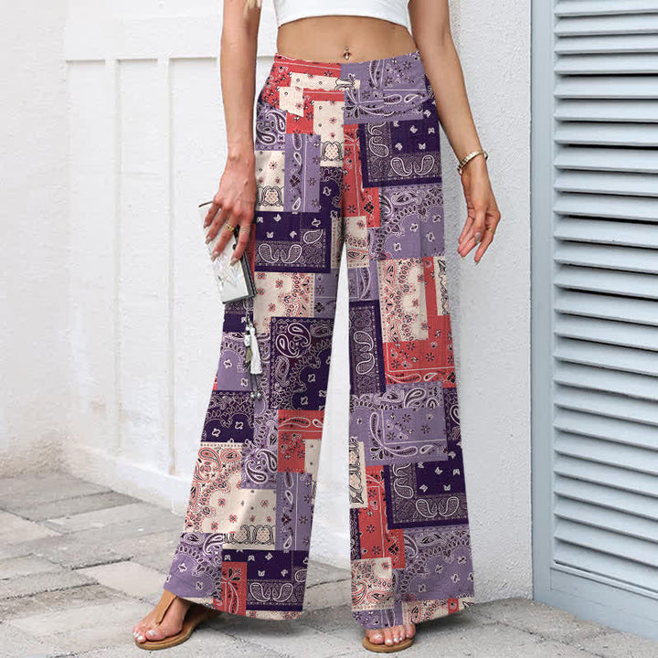 Buddha Stones Pantalones de mujer de algodón y lino con estampado paisley en patchwork, cintura elástica y pernera ancha con bolsillos. - image 6