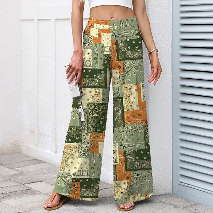Buddha Stones Pantalones de mujer de algodón y lino con estampado paisley en patchwork, cintura elástica y pernera ancha con bolsillos. - image 8