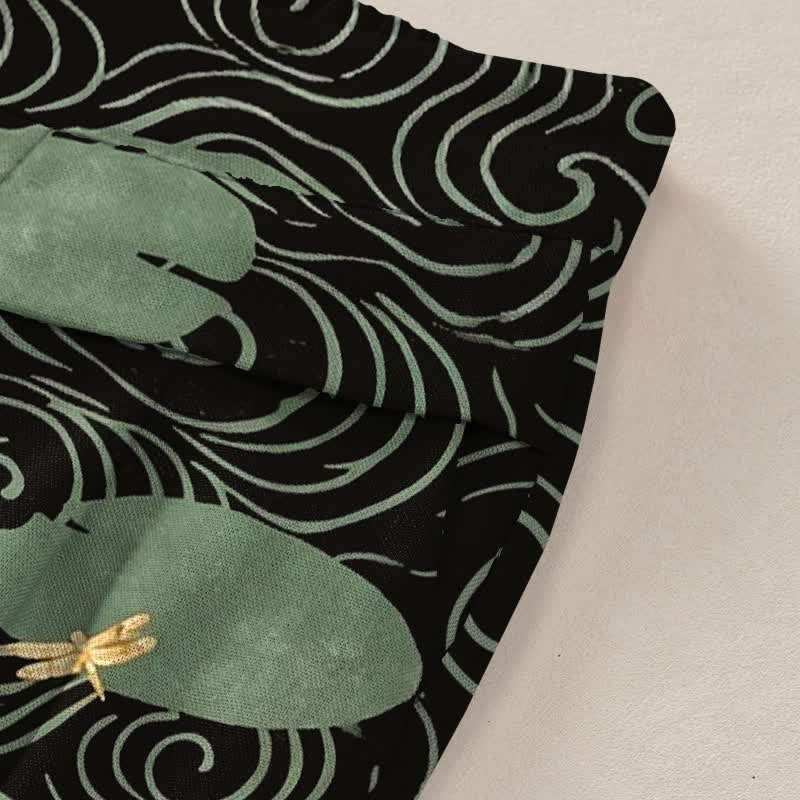 Buddha Stones Pantalones de mujer de algodón y lino con estampado de hojas de loto y peces koi, cintura elástica, perneras anchas y bolsillos. - image 3