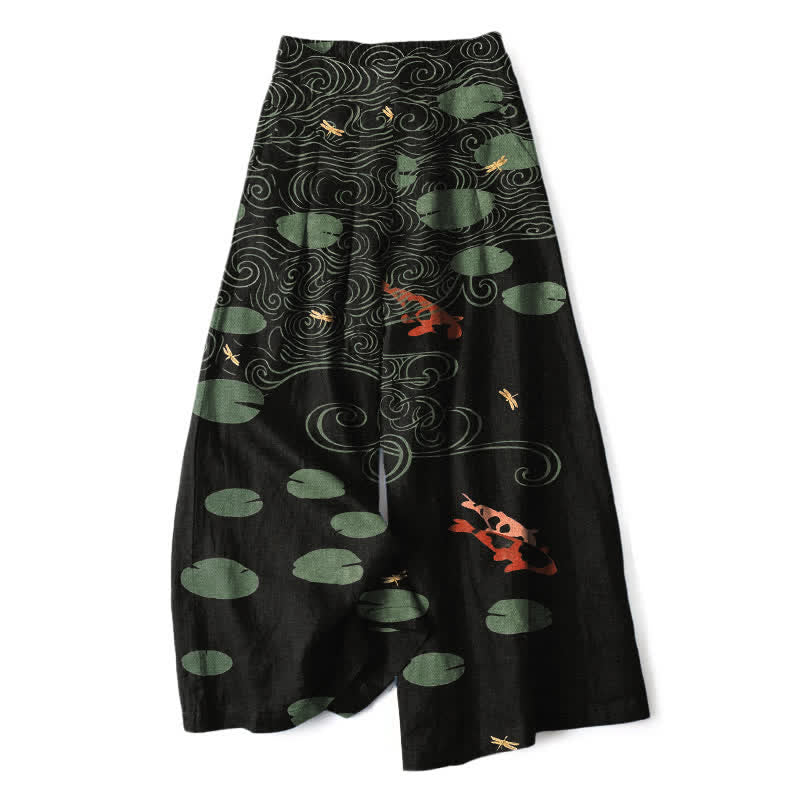 Buddha Stones Pantalones de mujer de algodón y lino con estampado de hojas de loto y peces koi, cintura elástica, perneras anchas y bolsillos. - Negro - US16，UK/AU20，EU48 (3XL) - image 0