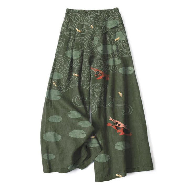 Buddha Stones Pantalones de mujer de algodón y lino con estampado de hojas de loto y peces koi, cintura elástica, perneras anchas y bolsillos. - Verde oliva oscuro - US16，UK/AU20，EU48 (3XL) - image 5