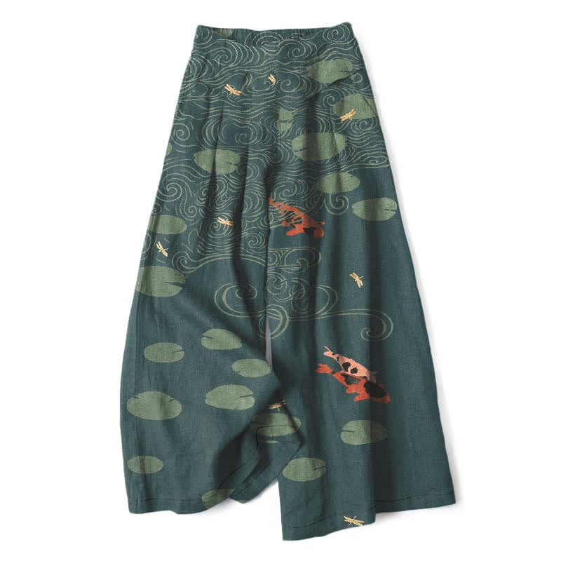 Buddha Stones Pantalones de mujer de algodón y lino con estampado de hojas de loto y peces koi, cintura elástica, perneras anchas y bolsillos. - Verde azulado - US16，UK/AU20，EU48 (3XL) - image 7