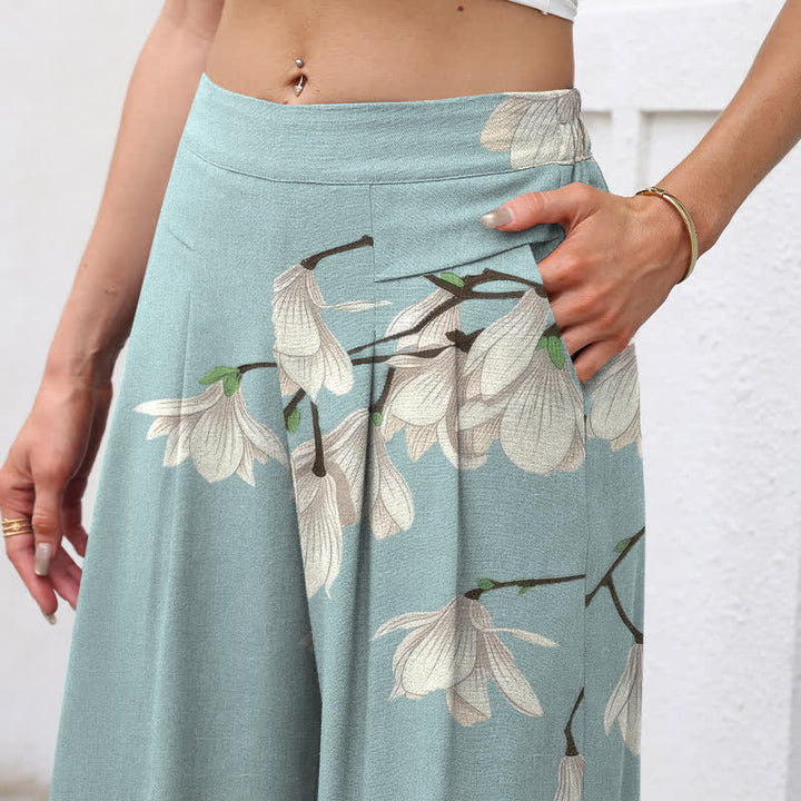 Buddha Stones Pantalones de mujer de lino y algodón con estampado floral vintage, cintura elástica, pernera ancha y bolsillos. - image 2