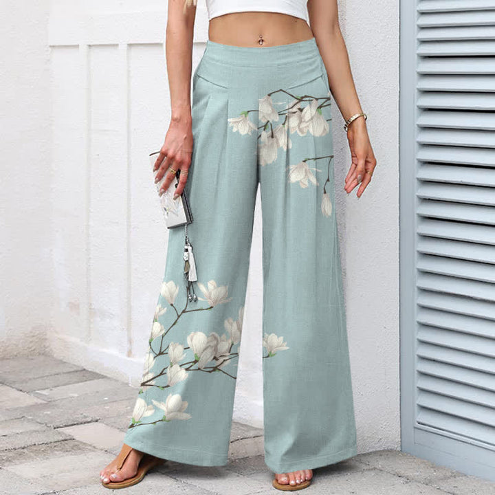Buddha Stones Pantalones de mujer de lino y algodón con estampado floral vintage, cintura elástica, pernera ancha y bolsillos. - image 1