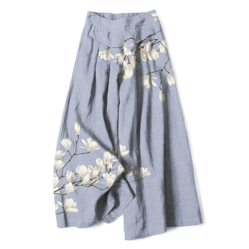 Buddha Stones Pantalones de mujer de lino y algodón con estampado floral vintage, cintura elástica, pernera ancha y bolsillos. - Azul claro - US16，UK/AU20，EU48 (3XL) - image 7