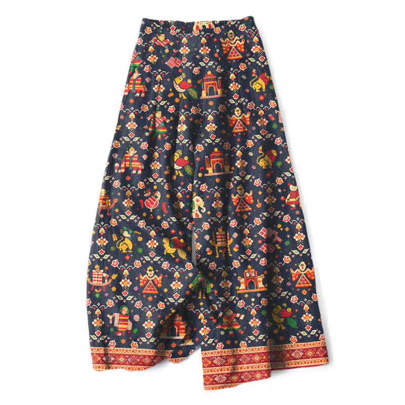 Buddha Stones Pantalones de mujer de algodón y lino con estampado geométrico bohemio, cintura elástica y pernera ancha con bolsillos. - Azul medianoche - US16，UK/AU20，EU48 (3XL) - image 0