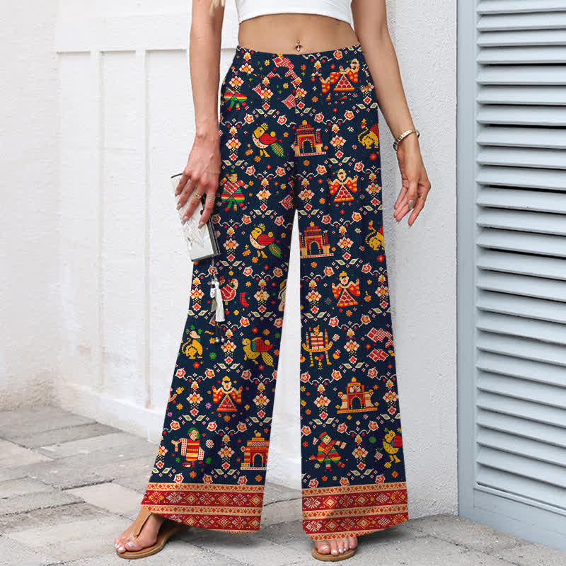 Buddha Stones Pantalones de mujer de algodón y lino con estampado geométrico bohemio, cintura elástica y pernera ancha con bolsillos. - image 1