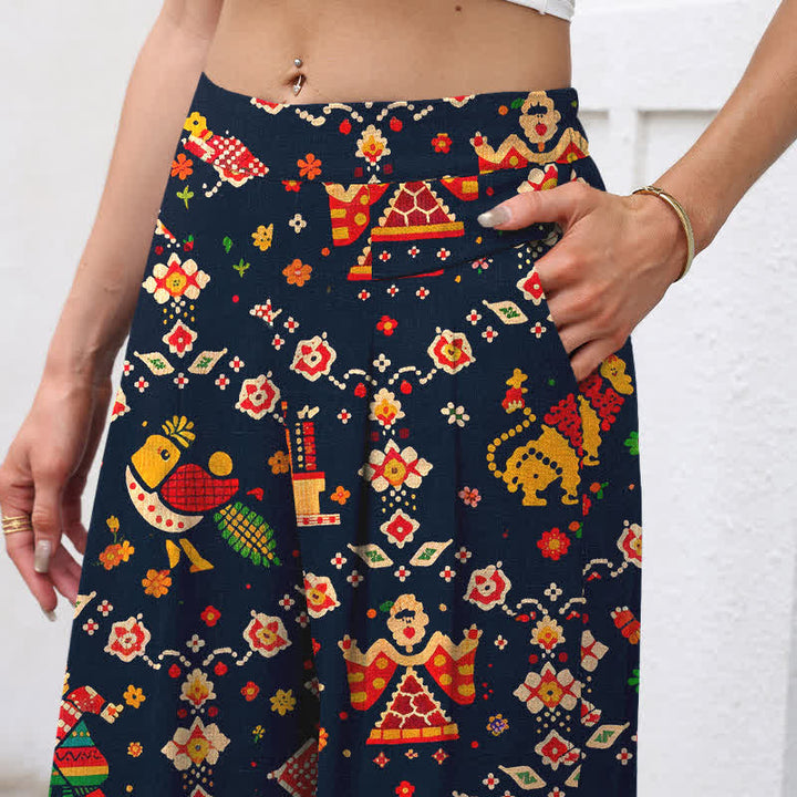 Buddha Stones Pantalones de mujer de algodón y lino con estampado geométrico bohemio, cintura elástica y pernera ancha con bolsillos. - image 2