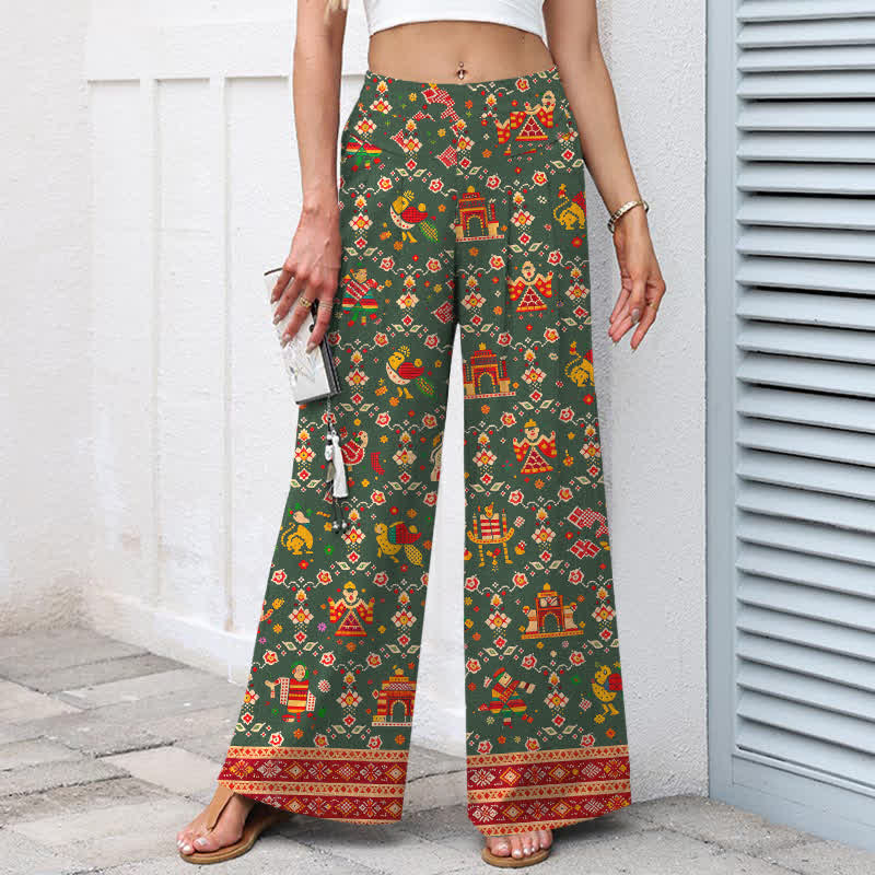 Buddha Stones Pantalones de mujer de algodón y lino con estampado geométrico bohemio, cintura elástica y pernera ancha con bolsillos. - image 6
