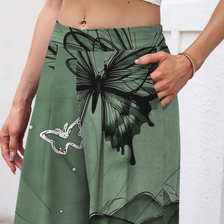 Buddha Stones Pantalones de mujer de algodón y lino con estampado floral de mariposas, cintura elástica y pernera ancha con bolsillos. - image 2