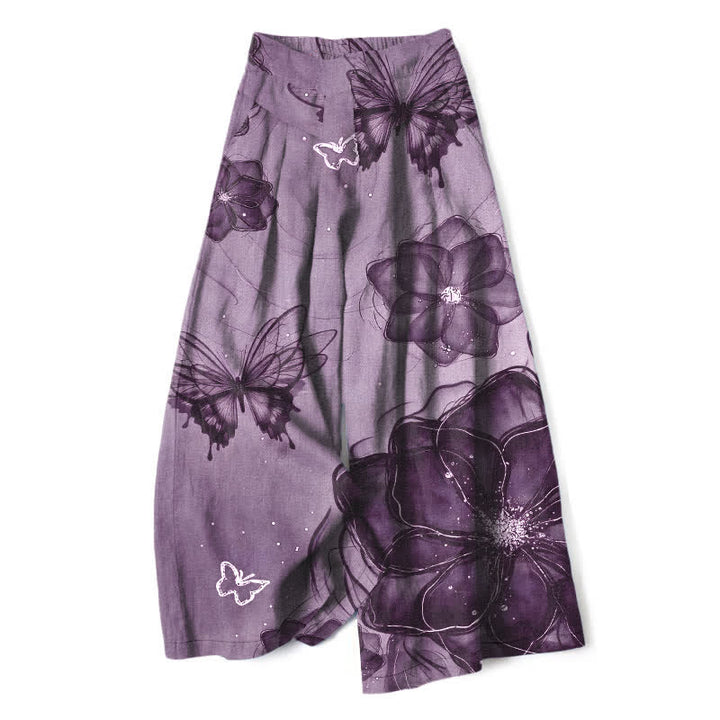 Buddha Stones Pantalones de mujer de algodón y lino con estampado floral de mariposas, cintura elástica y pernera ancha con bolsillos. - Morado medio - US16，UK/AU20，EU48 (3XL) - image 5