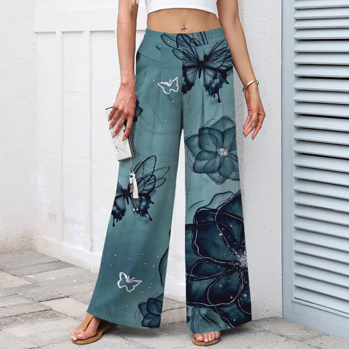 Buddha Stones Pantalones de mujer de algodón y lino con estampado floral de mariposas, cintura elástica y pernera ancha con bolsillos. - image 8
