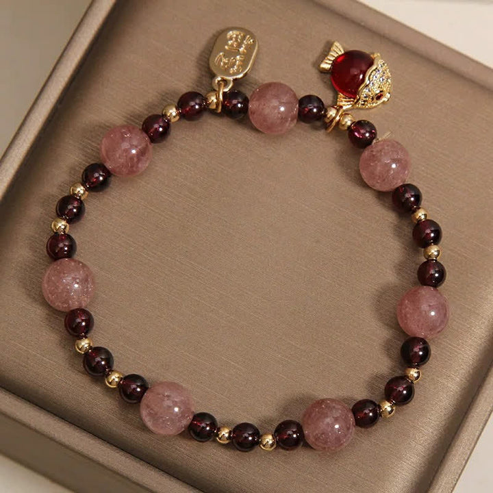 Buddha Stones Pulsera curativa con granate, cuarzo fresa y pez koi, personaje Fu. - image 10