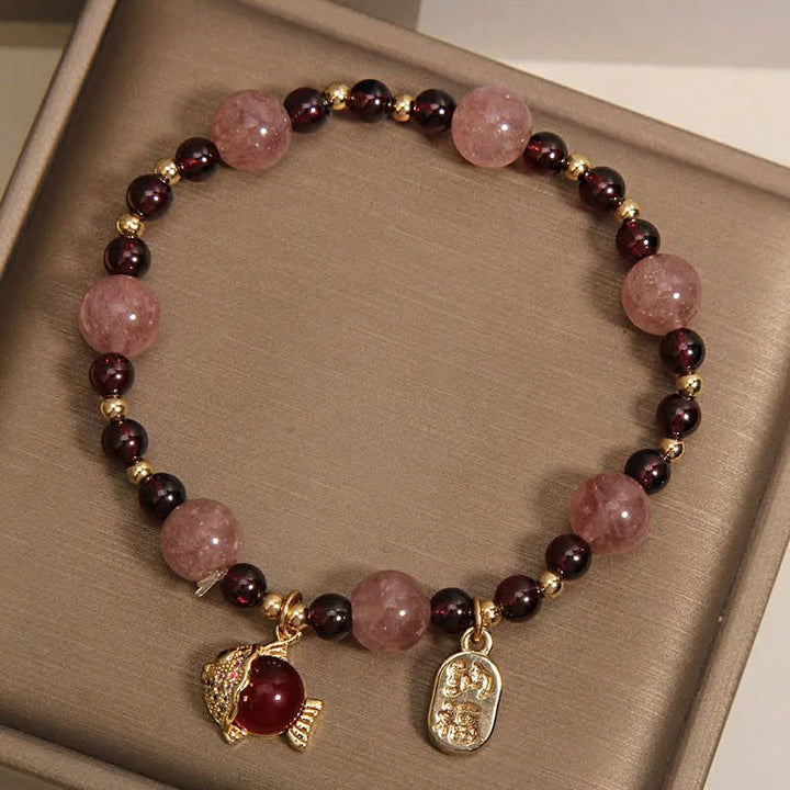 Buddha Stones Pulsera curativa con granate, cuarzo fresa y pez koi, personaje Fu. - image 4