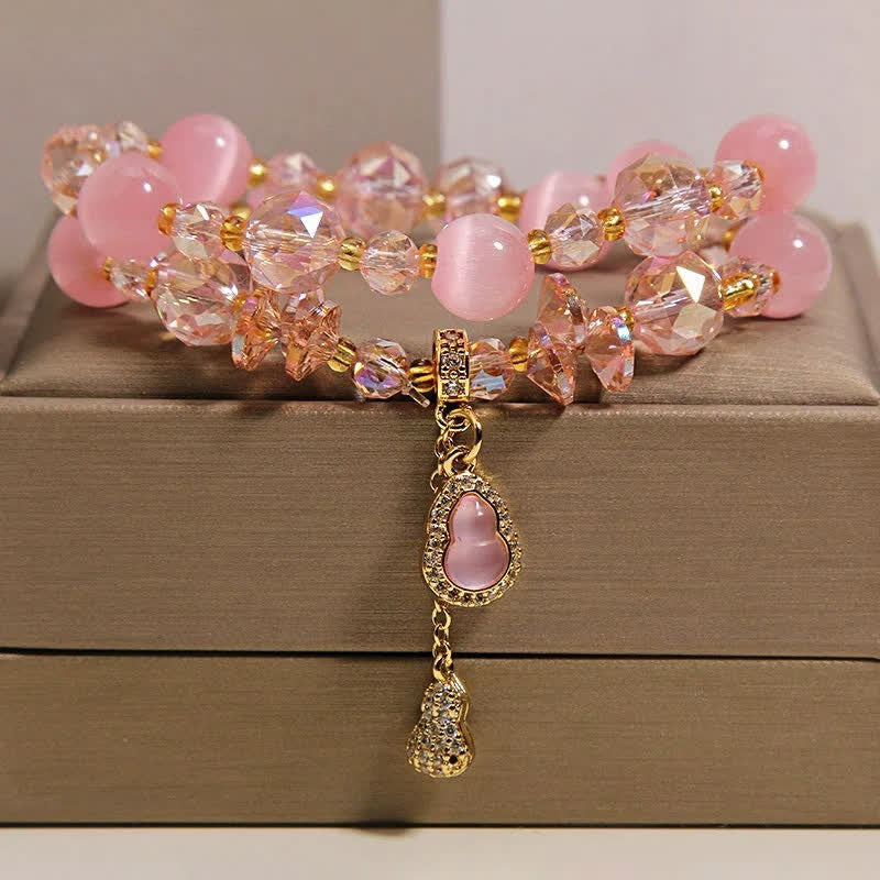 Buddha Stones Pulsera de cuentas de doble capa con colgante de calabaza ojo de gato - Ojo de gato rosa - image 0