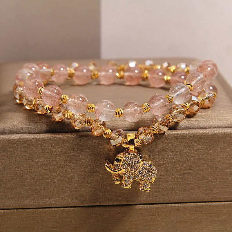 Buddha Stones Pulsera curativa de elefante con cuarzo fresa de doble vuelta - image 1