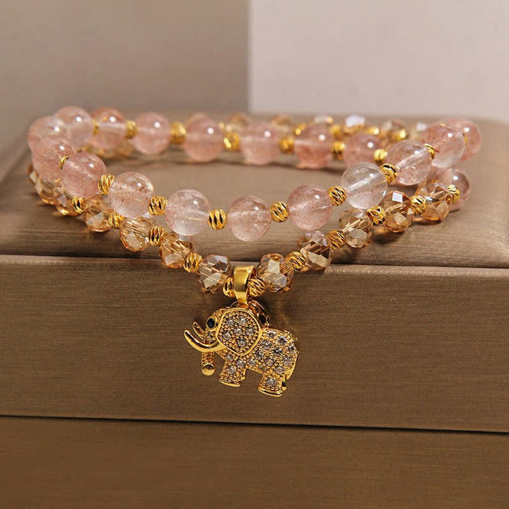 Buddha Stones Pulsera curativa de elefante con cuarzo fresa de doble vuelta - image 2
