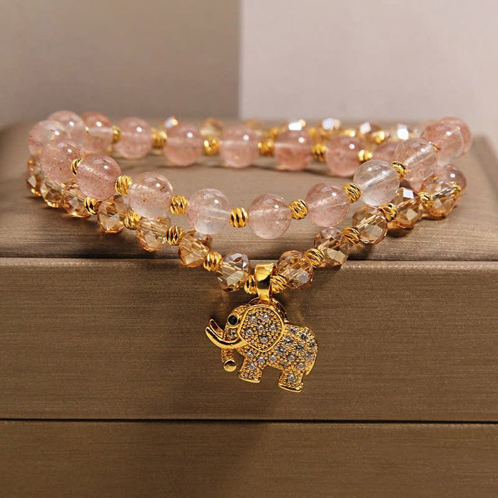 Buddha Stones Pulsera curativa de elefante con cuarzo fresa de doble vuelta - Elefante (Fuerza ♥ Sabiduría) - image 0
