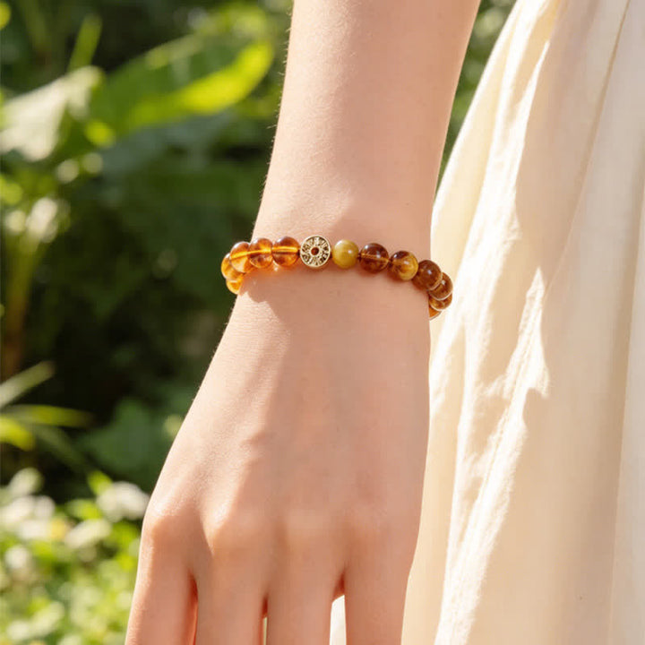 Buddha Stones Pulsera de la felicidad con monedas de cobre y piedra natural ojo de tigre y carácter Fu - image 3