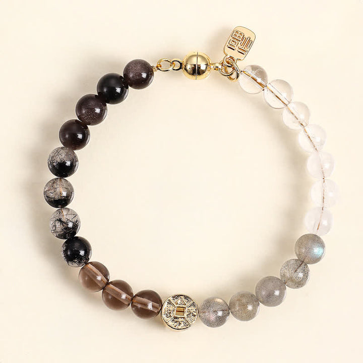 Buddha Stones Pulsera de la felicidad con monedas de cobre y piedra natural ojo de tigre y carácter Fu - Cuarzo rutilado negro (Protección ♥ Conexión a tierra) - image 9