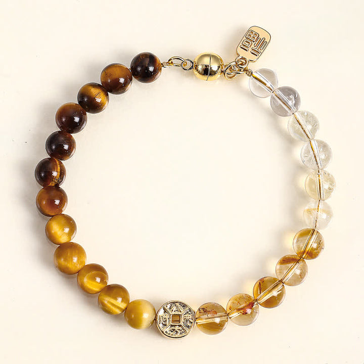 Buddha Stones Pulsera de la felicidad con monedas de cobre y piedra natural ojo de tigre y carácter Fu - Ojo de Tigre (Confianza ♥ Enfoque) - image 0