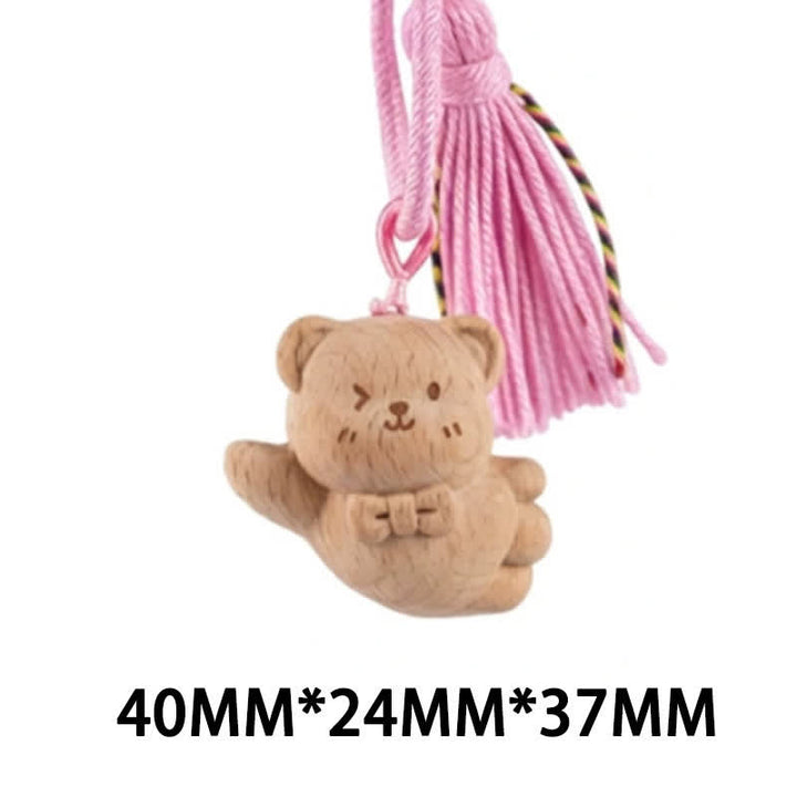 Buddha Stones Llaveros con borla de gato de la suerte, tallados a mano en madera clara. - Oso rosa - image 34