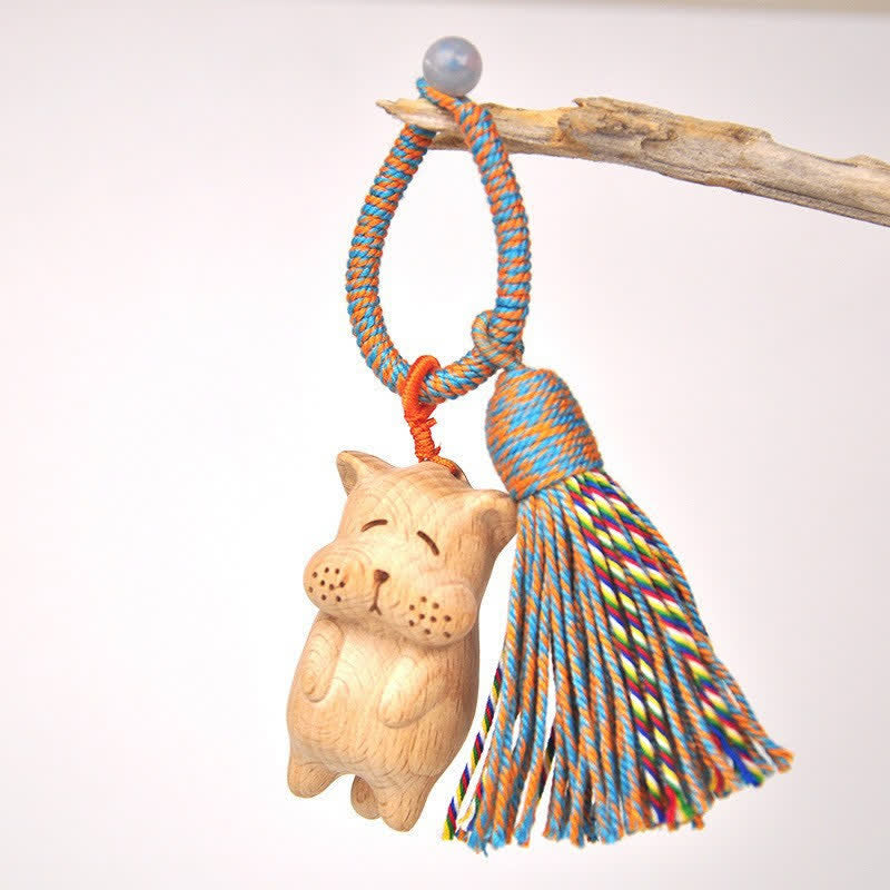 Buddha Stones Llaveros con borla de gato de la suerte, tallados a mano en madera clara. - Perro azul - image 23