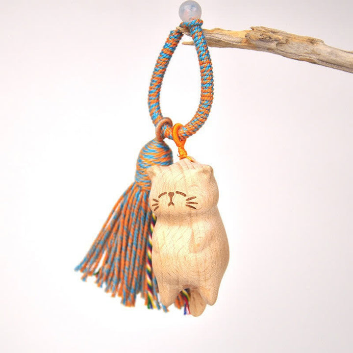Buddha Stones Llaveros con borla de gato de la suerte, tallados a mano en madera clara. - Gato azul perezoso - image 25