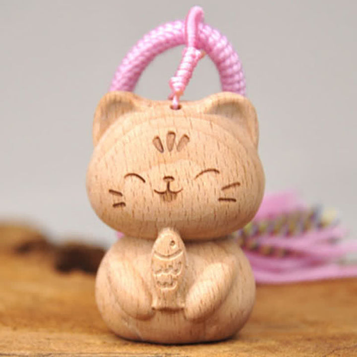 Buddha Stones Llaveros con borla de gato de la suerte, tallados a mano en madera clara. - image 11
