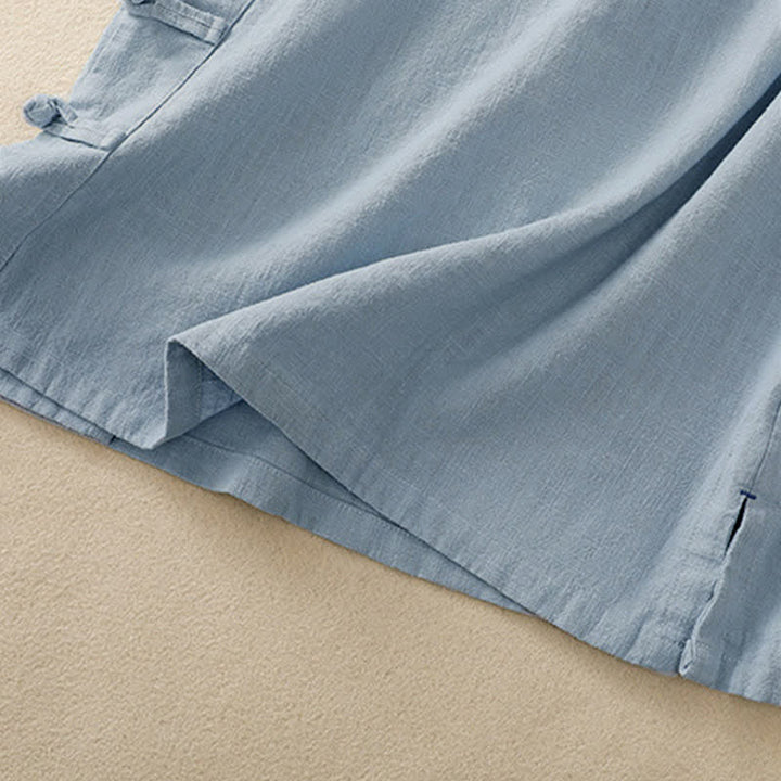 Camisa de manga tres cuartos de algodón y lino para mujer, estilo casual, con cuello alto inclinado y botones de Buddha Stones. - image 22