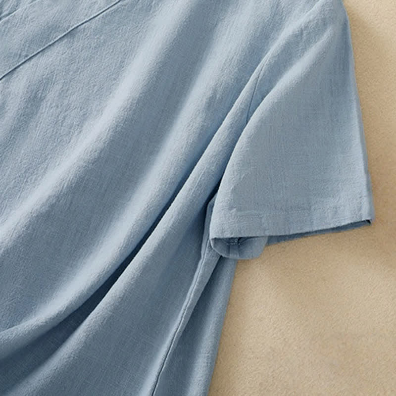 Camisa de manga tres cuartos de algodón y lino para mujer, estilo casual, con cuello alto inclinado y botones de Buddha Stones. - image 21