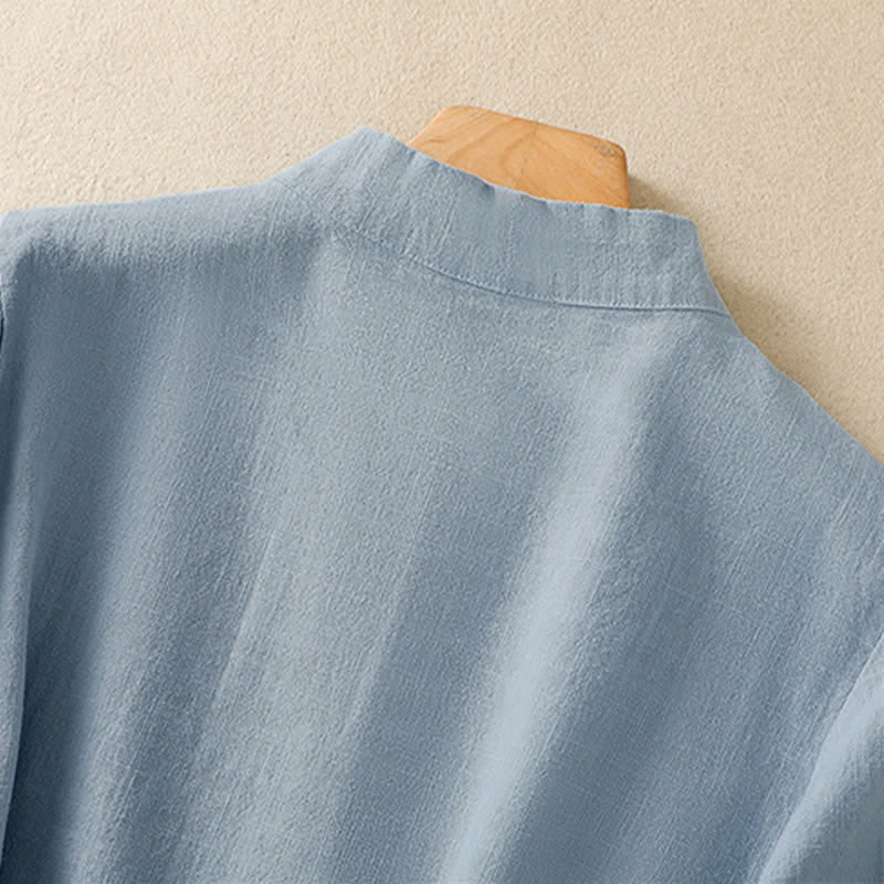 Camisa de manga tres cuartos de algodón y lino para mujer, estilo casual, con cuello alto inclinado y botones de Buddha Stones. - image 18