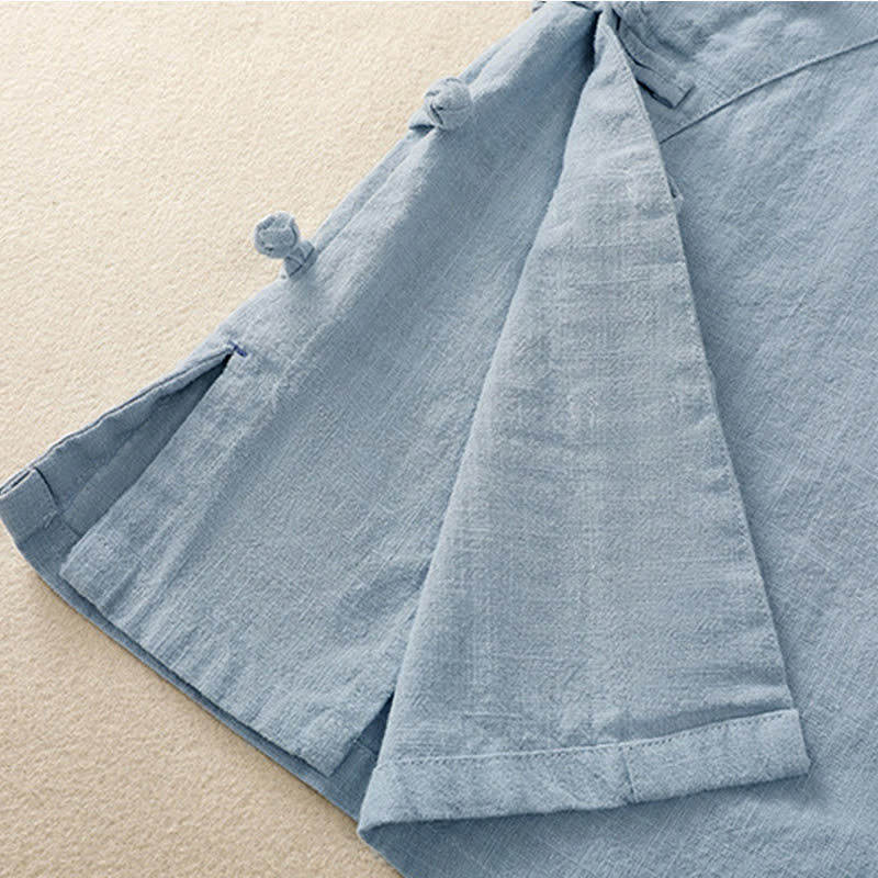 Camisa de manga tres cuartos de algodón y lino para mujer, estilo casual, con cuello alto inclinado y botones de Buddha Stones. - image 23