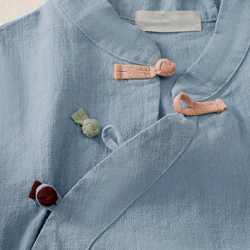 Camisa de manga tres cuartos de algodón y lino para mujer, estilo casual, con cuello alto inclinado y botones de Buddha Stones. - image 19