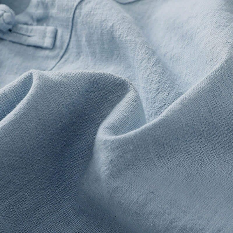 Camisa de manga tres cuartos de algodón y lino para mujer, estilo casual, con cuello alto inclinado y botones de Buddha Stones. - image 20