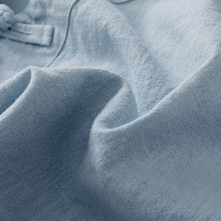 Camisa de manga tres cuartos de algodón y lino para mujer, estilo casual, con cuello alto inclinado y botones de Buddha Stones. - image 20