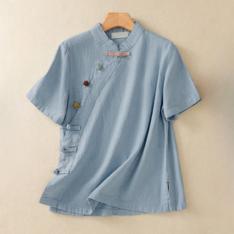Camisa de manga tres cuartos de algodón y lino para mujer, estilo casual, con cuello alto inclinado y botones de Buddha Stones. - Azul cielo claro - US8-10，UK/AU12-14，EU40-42 (2XL) - image 15