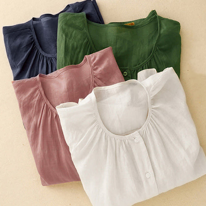 Camisa de mujer con cuello redondo, botones y manga tres cuartos, diseño de Buddha Stones - image 27