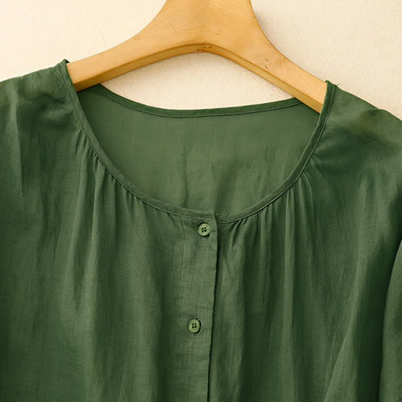 Camisa de mujer con cuello redondo, botones y manga tres cuartos, diseño de Buddha Stones - image 23