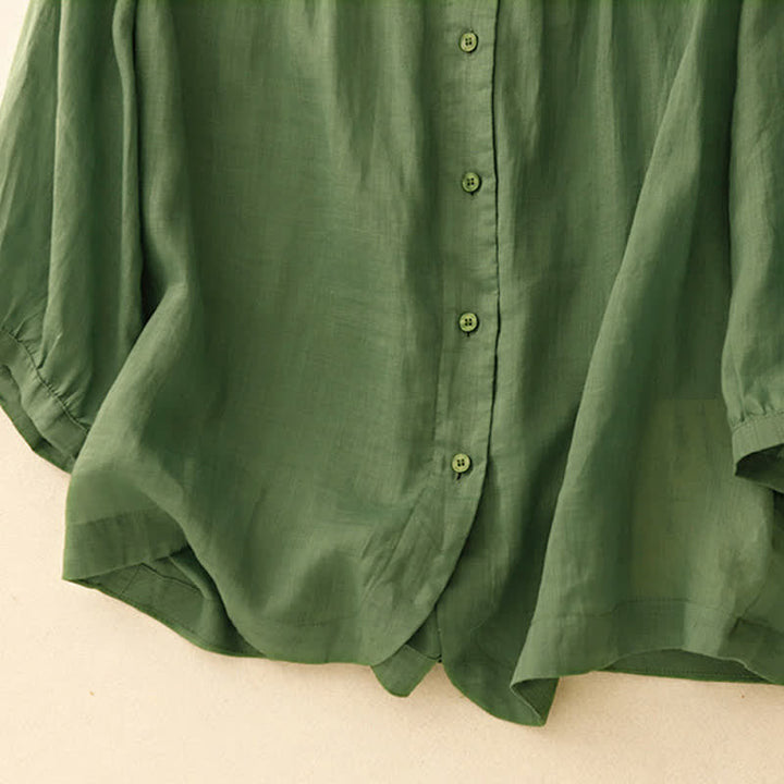 Camisa de mujer con cuello redondo, botones y manga tres cuartos, diseño de Buddha Stones - image 25