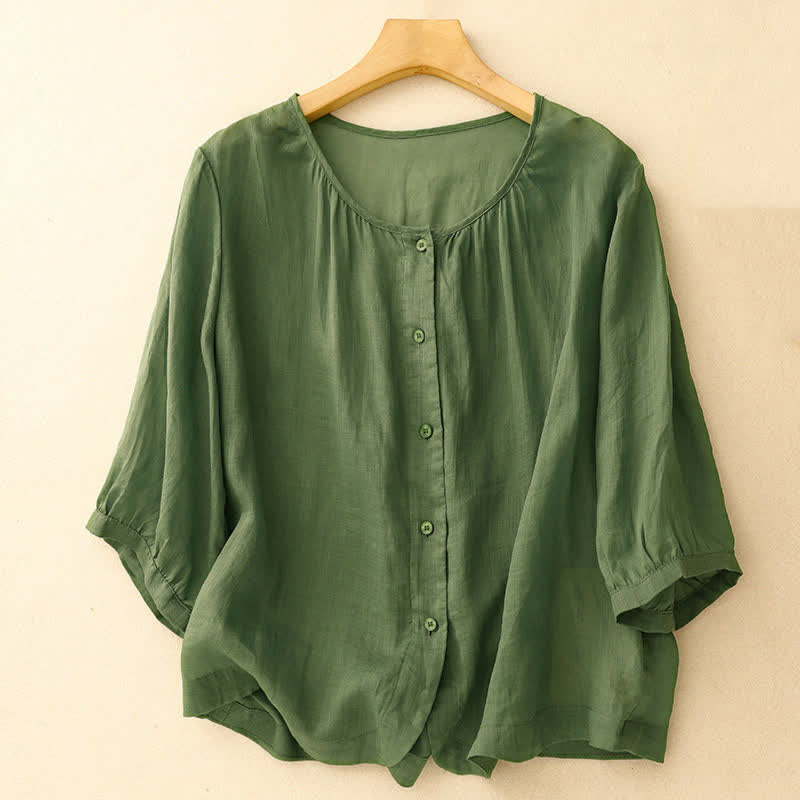 Camisa de mujer con cuello redondo, botones y manga tres cuartos, diseño de Buddha Stones - Verde - US12, UK/AU16, EU44 (2XL) - image 22
