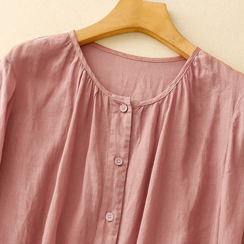 Camisa de mujer con cuello redondo, botones y manga tres cuartos, diseño de Buddha Stones - image 7