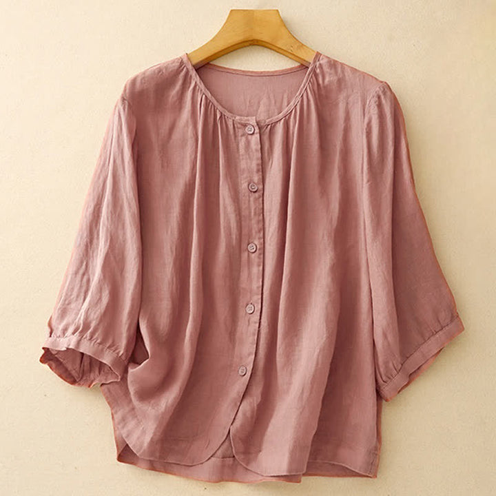 Camisa de mujer con cuello redondo, botones y manga tres cuartos, diseño de Buddha Stones - Rojo violeta pálido - US12, UK/AU16, EU44 (2XL) - image 6