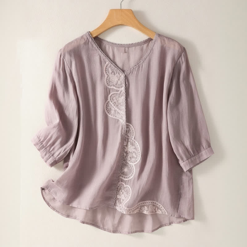 Camiseta de manga corta con cuello en V y estampado informal de Buddha Stones para mujer. - Ciruela - US14，UK/AU18，EU46 (2XL) - image 0
