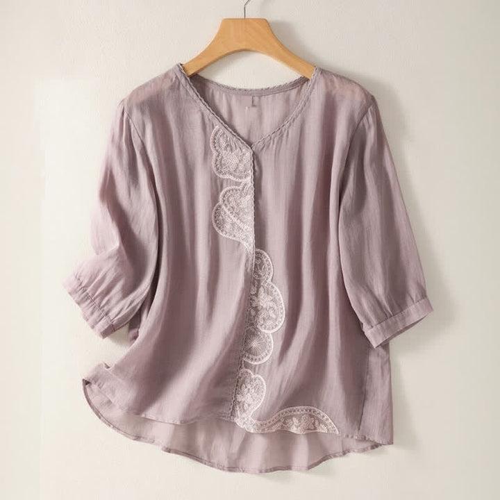 Camiseta de manga corta con cuello en V y estampado informal de Buddha Stones para mujer. - Ciruela - US14，UK/AU18，EU46 (2XL) - image 0